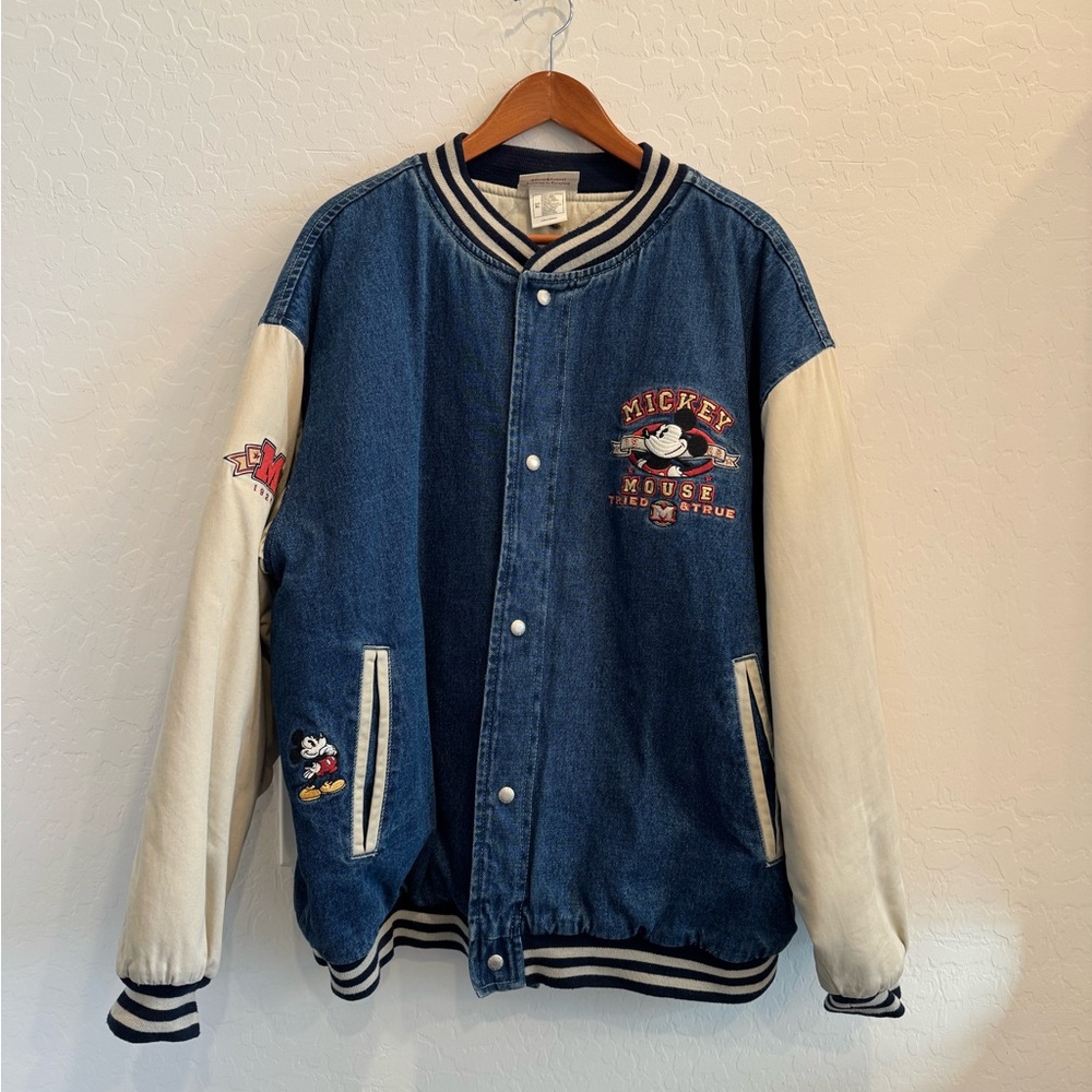 Vintage 90s Disneyland Mickey “Tried & True” Denim Varsity Jacket XL